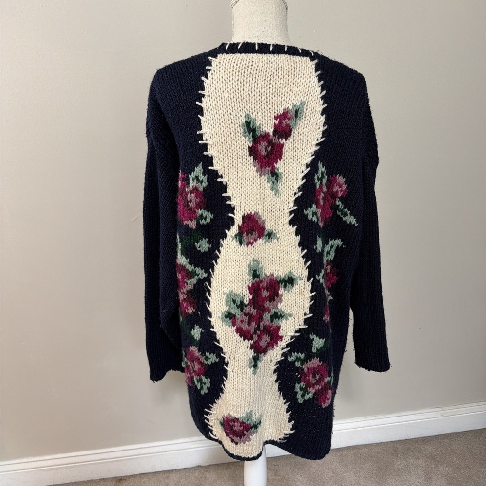 Vtg Maggie Lawrence Sport Chunky‎ Knit Cardigan With Flowers Size 22/24